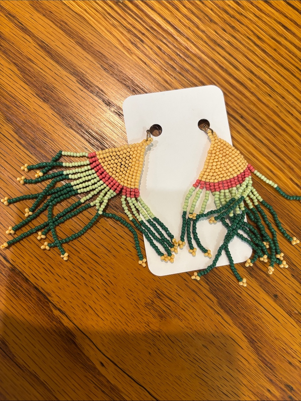 Handmade Beaded Fringe Earrings in Yellow, Green & Pink